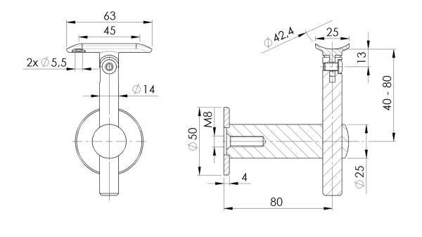 Edelstahl Handlaufhalter variabel Wandhalter rund 42,4 mm höhenverstellbar Geländer mit Gelenk